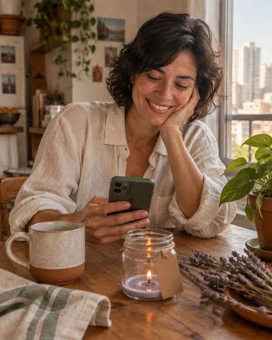 Mulher em casa sorrindo pro celular, com uma vela de lavanda quase no fim na mesa.